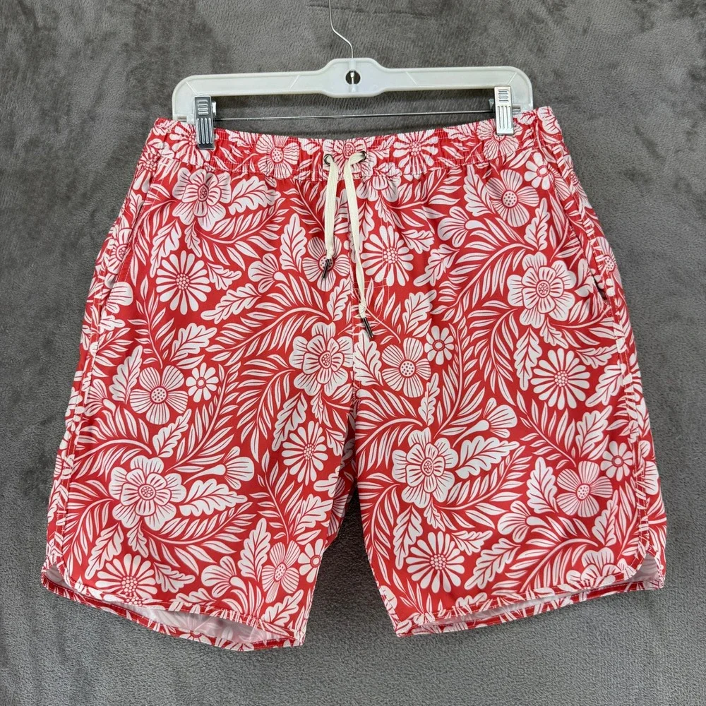Fair Harbor Swim Trunks Men L The Anchor Red Floral BreezeKnit Liner EUC
